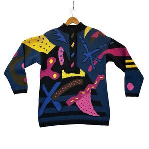 Vtg Lisa Nichols Womens Sweater Sz 2 90's Colorful Abstract Rainbow Snap Close
